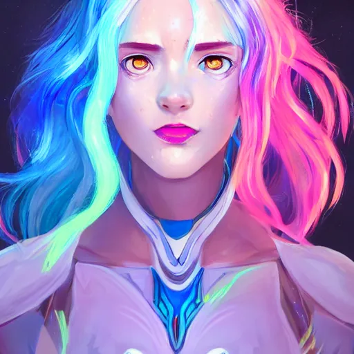 Prompt: art championship winner vivid colors trending on artstation portrait of a goddess elven mecha warrior princess, head and shoulders, blue hair, matte print, pastel pink neon, cinematic highlights, lighting, digital art, cute freckles, digital painting, fan art, elegant, pixiv, by Ilya Kuvshinov, daily deviation, IAMAG, illustration collection aaaa updated watched premiere edition commission ✨✨✨ whilst watching fabulous artwork \ exactly your latest completed artwork discusses upon featured announces recommend achievement
