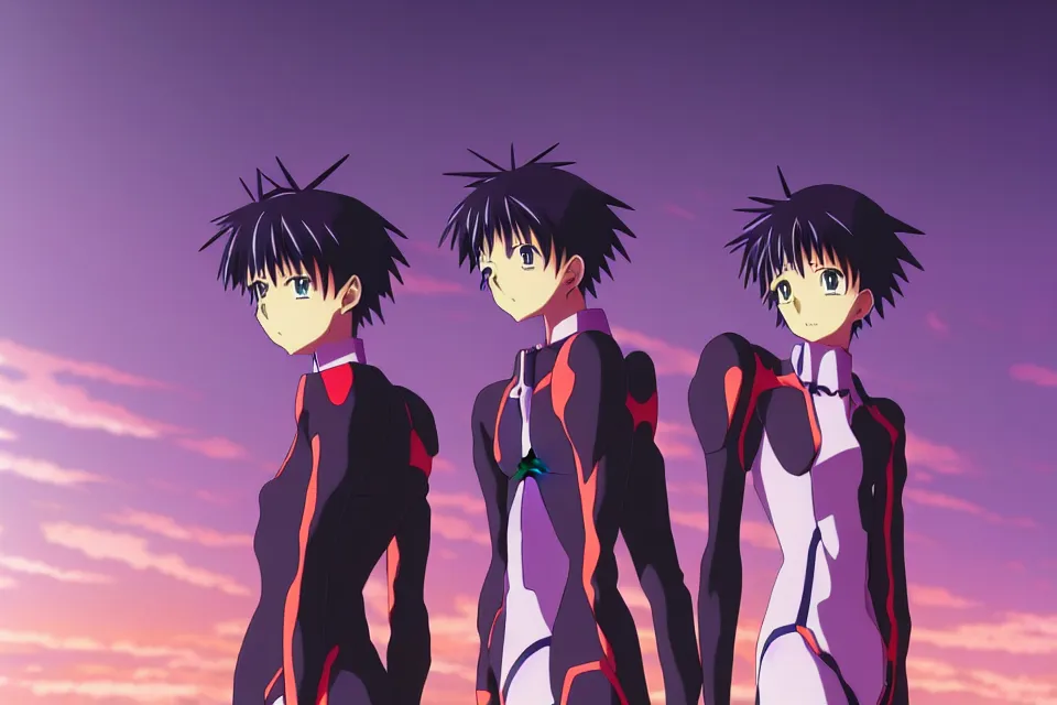 Image similar to anime illustration of black detailed lonely evangelion eva - 0 1 standing menacingly behind ikari shinji, cinematic lighting, evangelion anime poster, rebuild of evangelion 1 0 8 0 p, 9 0 s anime aesthetic, volumetric lights, rule of thirds, unreal engine render, pinterest wallpaper, trending on artstation