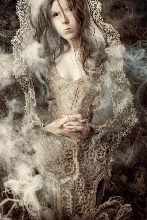 Image similar to 3 5 mm colour, italian looking emma, evil princess, victorian house, long brown hair, hyperrealism, octane render, weird, odd, strange, creepy, extremely detailed, intricate smoke magic, lace, silk, style of david cronenberg, hyung tae, frank frazetta