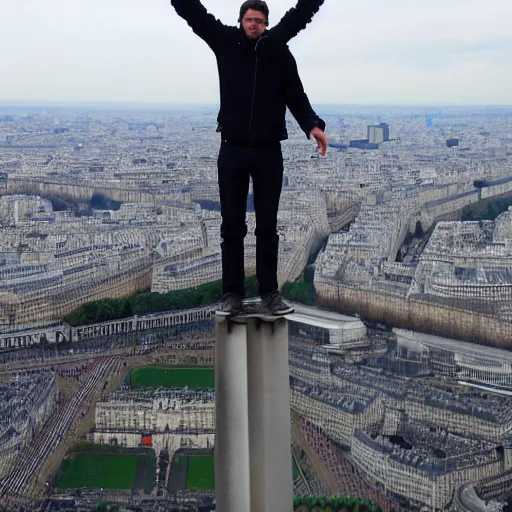 Prompt: some guy on top of the eiffel tower, how?