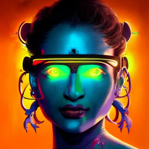 Image similar to portrait of a hindu god kali with a scaly skin and bio-technical parts and high tec VR headset and neon light by Artgerm and Greg Rutkowski , digital painting, highly detailed, trending on artstation