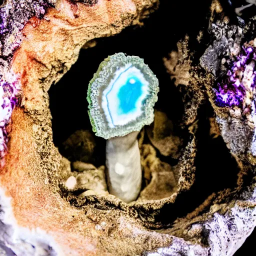 Image similar to photography of a geode with a a small body of an alien skellet inside it