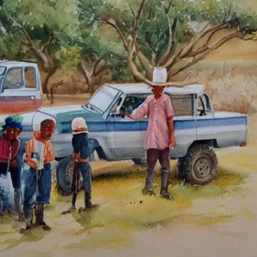 Image similar to knife maker in south africa with a 4 x 4 and a detective partner and 6 kids in the watercolour style painting