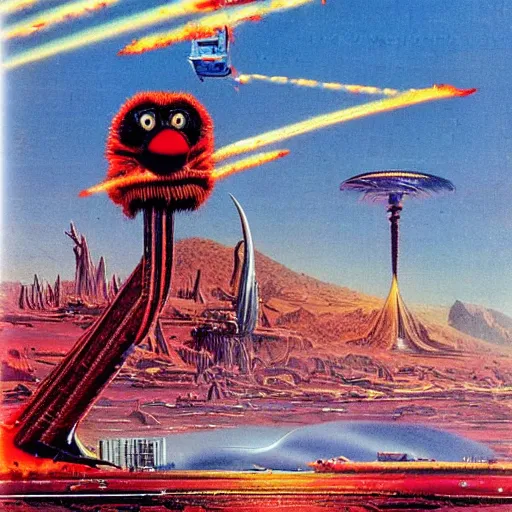 Image similar to elmo in the style of a 7 0 s science fiction novel cover, highly detailed, bruce pennington, peter jones