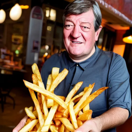 Prompt: photo of [ a single salted french fry chip ] shaped like that looks like stephen fry as a pixar character hybrid intercross mix cinematic lighting