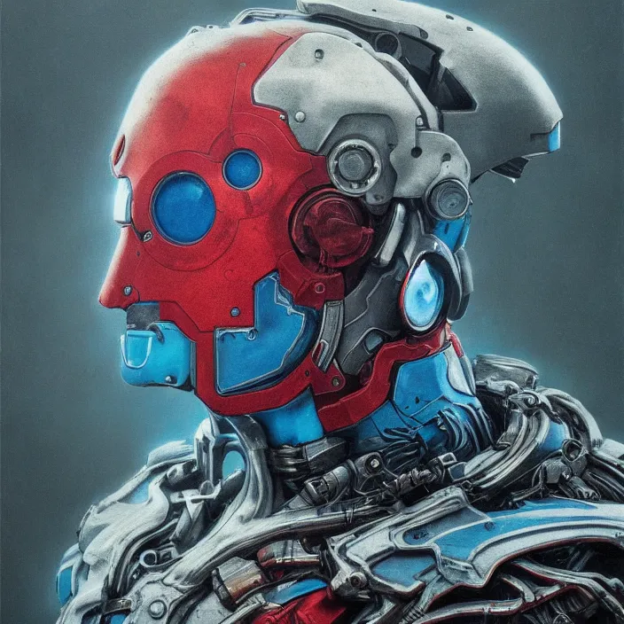 Image similar to portrait of a cyan ultron from age of ultron, clockwork steampunk, dieselpunk, head and chest only, by beksinski, 4 k, deviantart, trending on artstation