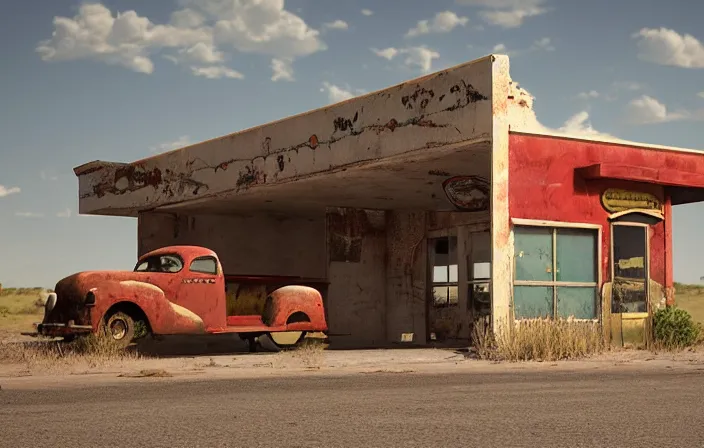 Image similar to A landscape with historical route66 with abandoned gas station and a single old rusty pickup-truck. the summer light dimly illuminates, diffuse light, octane render, lots of sparkling details and sun ray’s, blinding backlight, smoke, volumetric lighting, 35 mm, beautiful reflections, heavenly, softlight