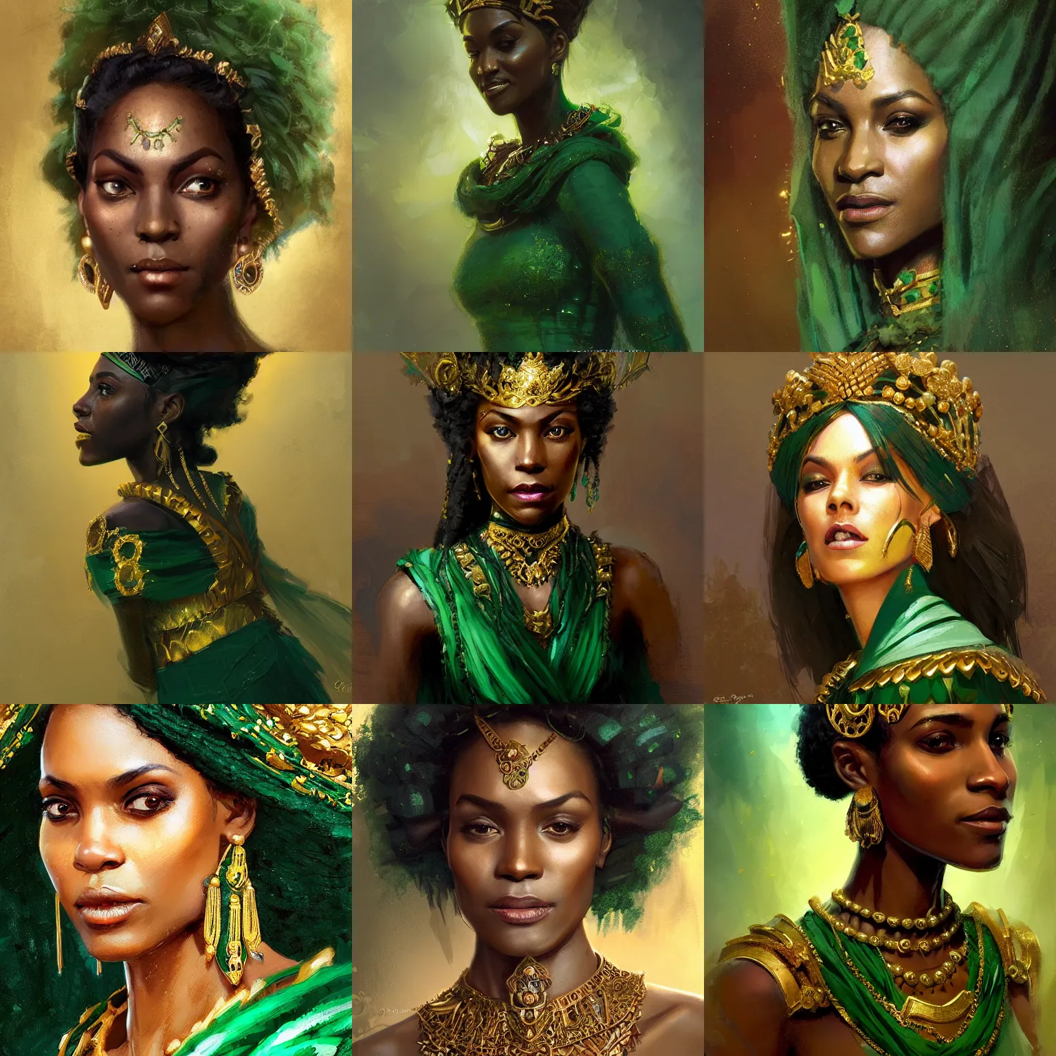 Prompt: a duchess from !Nubia, dark skin, resplendent green clothing and gold jewelry, elaborate dress, charismatic, warm friendly face, close-up, fantasy character portrait by Greg Rutkowski, Craig Mullins, Gaston Bussiere