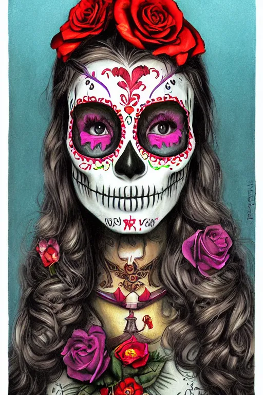 Prompt: Illustration of a sugar skull day of the dead girl, art by james gurney