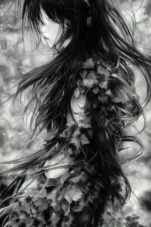 Prompt: a vertical portrait of a character in a scenic environment by Yoshitaka Amano, black and white, dreamy, dark eyes, wavy long black hair, highly detailed