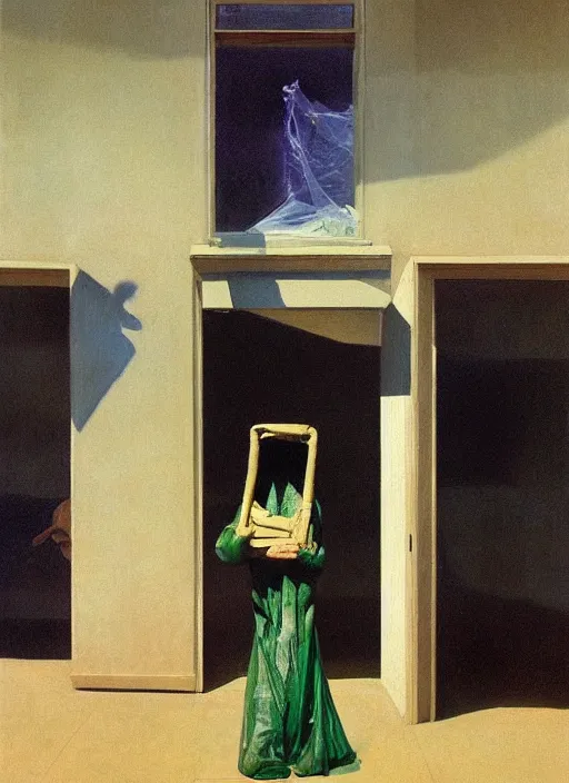 Image similar to elephant in a translucent dress made from plastic bag with paper bags for clothes standing inside paper bags with paper bag over the head at store display Edward Hopper and James Gilleard, Zdzislaw Beksinski, highly detailed