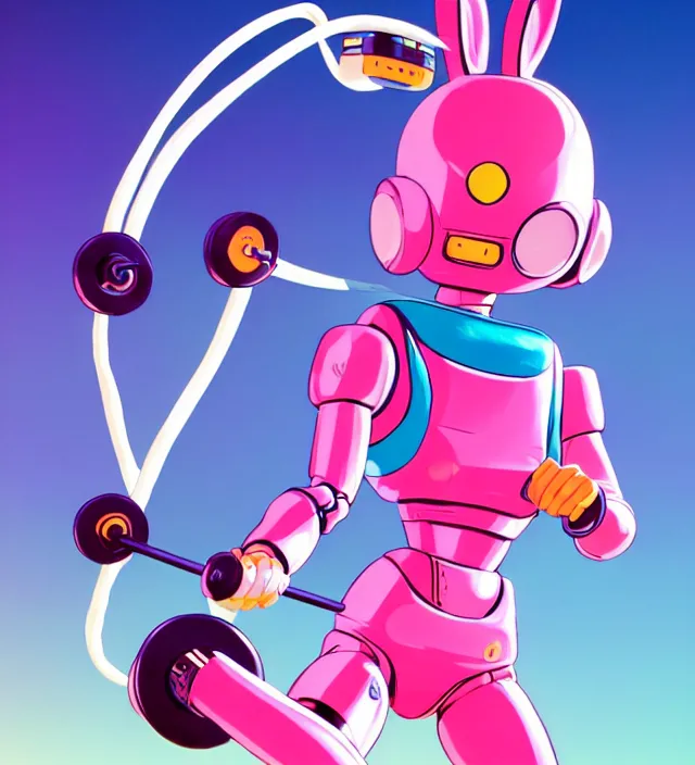 Prompt: retrowave robot rabbit girl in workout clothes, carrying eletro - whip, animation character design by akira toriyama, don bluth, jack kirby, alex toth, hasbro, action - adventure, sharp detail, artstation trending, conceptart. com