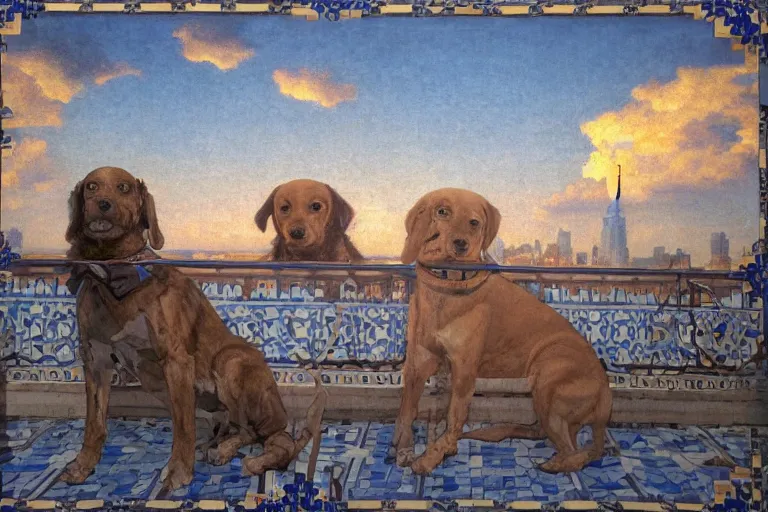 Prompt: painting of a dog, in a rooftop, watching new york, beautiful, sunset, romantic, by ludwig deutsch and maxfield parrish, patterned tilework, extremely detailed, cinematic lighting, smooth sharp focus