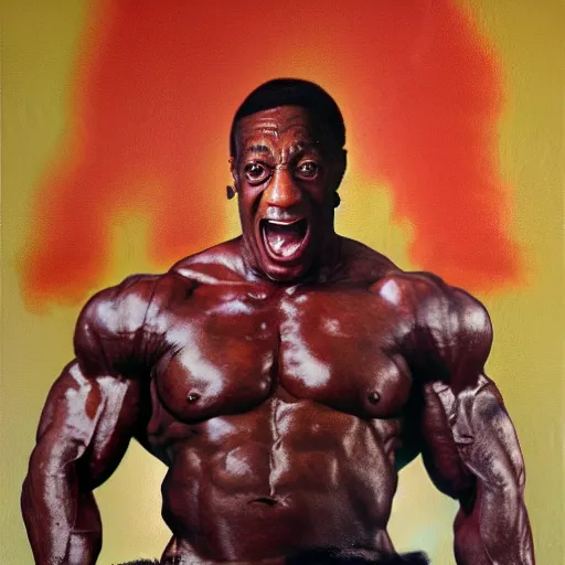 Image similar to rambo, 1 9 8 6, bill cosby, muscular, defined, shouting, oil on canvas octane render