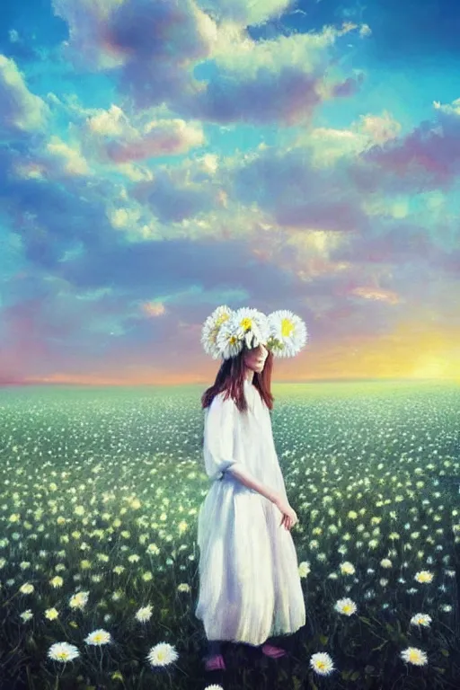 Image similar to giant white daisy flower head, girl with veil walking in a flower field, surreal photography, sunrise, dramatic light, impressionist painting, colorful clouds, digital painting, artstation, simon stalenhag