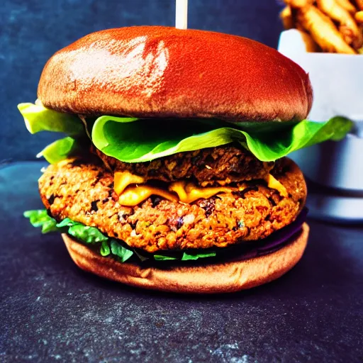 Prompt: photograph of delicious vegan burger