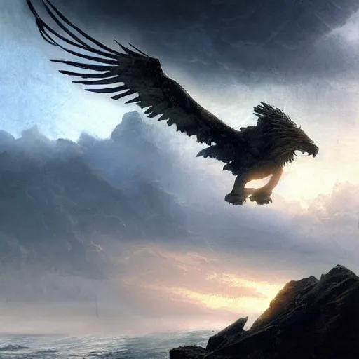 Prompt: A giant flying creature rising up out of a turbulent sea near a rocky shore, body and head of lion, wings of eagle, by Craig Mullins, very detailed, realistic, epic concept art, light, light Rays, cinematic stormy sky, trending on artstation, epic cinematography, epic composition