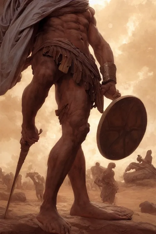 Image similar to ancient historically accurate depiction of the Bible Character Goliath of Gath, the Philistine warrior giant by frank miller, illustration by Ruan Jia and Mandy Jurgens and William-Adolphe Bouguereau, Artgerm, 4k, digital art, surreal, space dandy style, highly detailed, godsend, artstation, digital painting, concept art, smooth, sharp focus, illustration by Ruan Jia and Mandy Jurgens and William-Adolphe Bouguereau, Artgerm