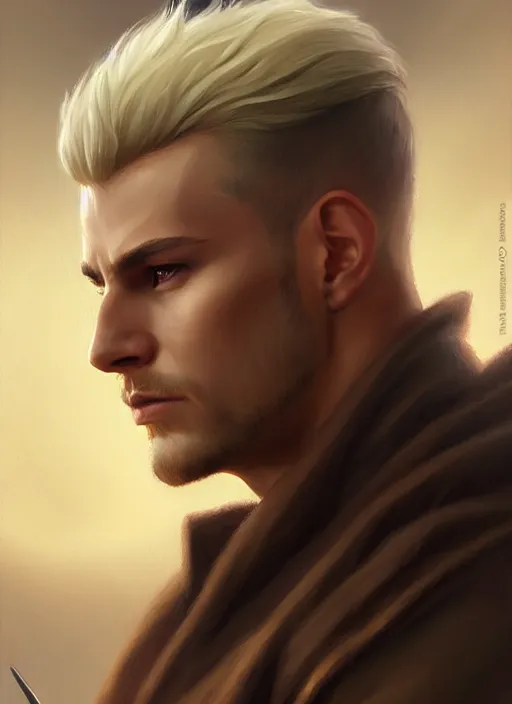 Image similar to a _ fantasy _ style _ portrait _ painting _ of male, medium dark blonde pulled back side part and blonde stubble, rpg dnd oil _ painting _ unreal _ 5 _ daz. _ rpg _ portrait _ extremely _ detailed _ artgerm _ greg _ rutkowski _ greg