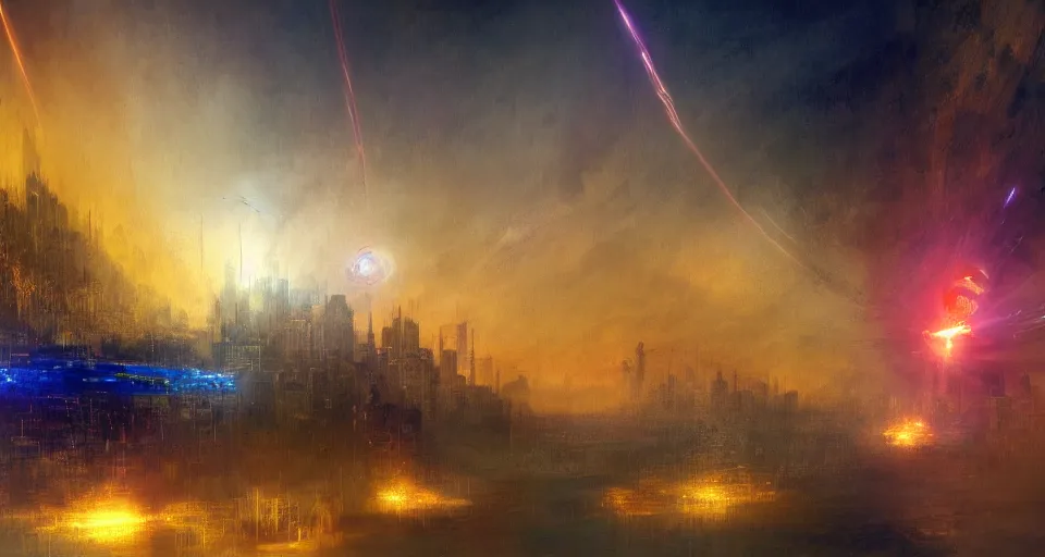 Prompt: Mech robot city under attack. By Joseph Mallord William Turner, fractal flame, highly detailded