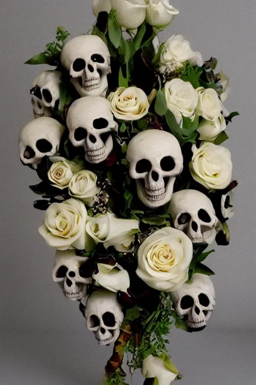 Prompt: photo of a bouquet of flowers that are shaped like skulls, highly detailed,