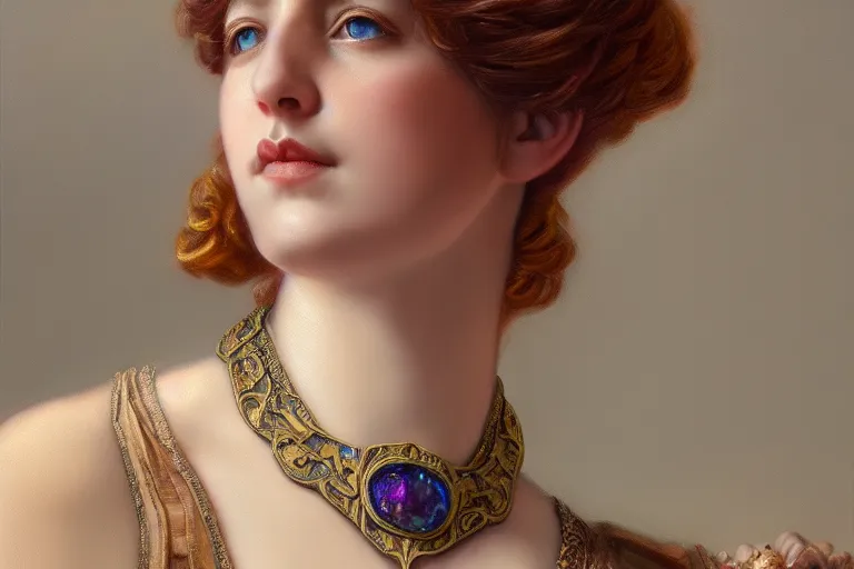 Image similar to highly detailed oil painting, historical, art nouveau, ornate, delicate, royal, renaissance, brilliant magical gemstones choker, around a neck, octane render, realistic, dramatic light, 3 d, photograph 4 k,