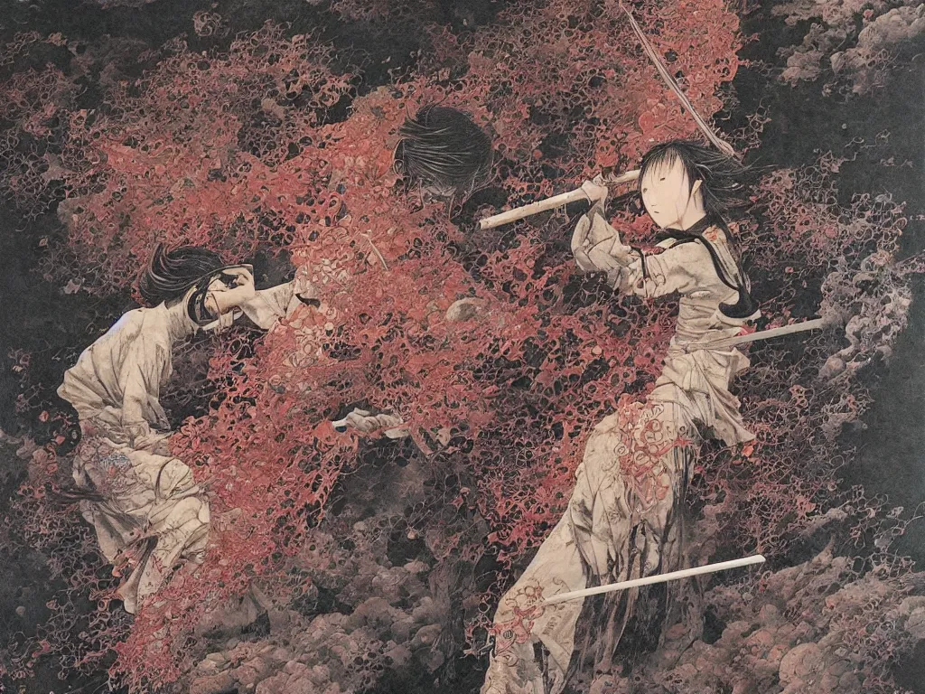 Image similar to Japanese schoolgirl runs away from Samurai with a katana on the subway, high detailed Beksinski painting, part by Adrian Ghenie and Gerhard Richter. art by Takato Yamamoto. masterpiece