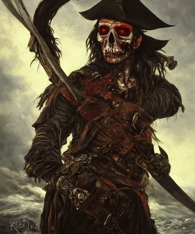 Image similar to ultra realistic color portrait painting of an undead 1 7 th century pirate with a sword in a grotto, dark, painted, brooding, atmospheric, seascape, horror, smooth, epic, highly detailed, cinematic, by keith parkinson