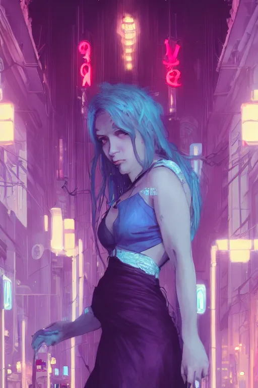 Image similar to portrait, vampire of clan banu haqim, light brown skin, night, long light blue hair, beautiful, in a cyberpunk city, neon signs, jewelry, alphonse mucha, william bouguereau, rossdraws, greg rutkowski, super detailed, realistic, octane render, volumetric, cinematic, 8 k