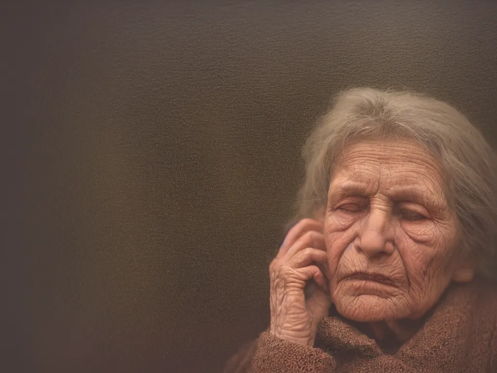 Prompt: close up portrait bust of old woman sitting on fence, looking outside, tired expression, faded color film, russian cinema, tarkovsky, technicolor, inside old cabin, next to window, heavy forest outside, long brown hair, old clothing, heavy fog, brown color palette, sunset, low light, hudson river school, 4 k, dramatic lighting