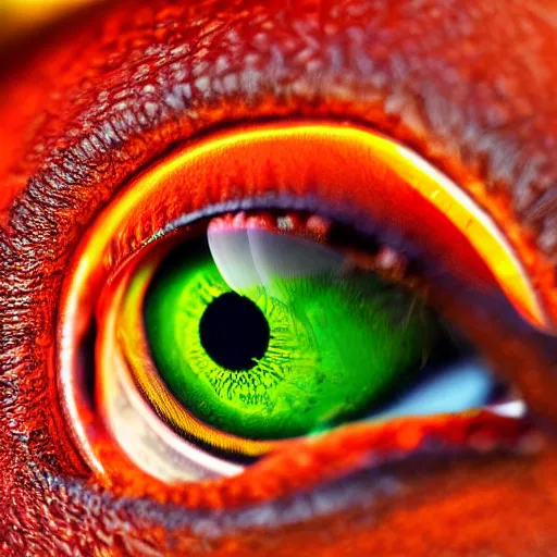Prompt: fiery eyes in a photorealistic macro photograph, shallow DOF, wild