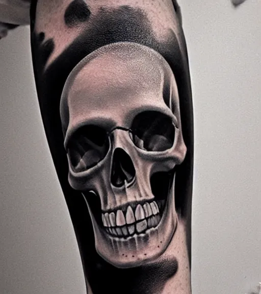 Image similar to a tattoo design of a creative skull, hyper realistic, black and white, realism, highly detailed