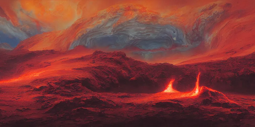 Image similar to supernova, alien surface planet, lava river, red desert mars, painted by ruan jia, raymond swanland, lawrence alma tadema, zdzislaw beksinski, norman rockwell, jack kirby, tom lovell, alex malveda, greg staples