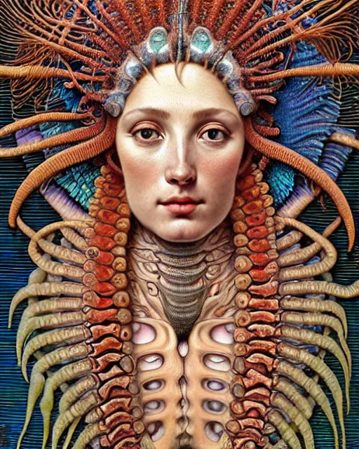 Image similar to hyperrealistic detailed face side portrait of the beautiful goddess of the fish skeletons with an intricate headgear of corals, sea kelp, sea plants, fish, starfish, jellyfish, art by ernst haeckel, john william godward, android jones, alphonso mucha, h. r. giger, gothic - cyberpunk, ornamental, beautiful deep colours,