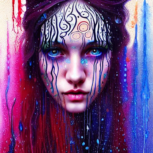 Image similar to girl in psychedelic LSD rain with wet hair and face, fantasy, intricate, elegant, dramatic lighting, emotionally evoking symbolic metaphor, highly detailed, lifelike, photorealistic, digital painting, artstation, concept art, smooth, sharp focus, illustration, art by John Collier and Albert Aublet and Krenz Cushart and Artem Demura and Alphonse Mucha