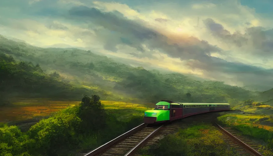 Image similar to aerodynamic train driving through valley, green hills, matte painting, artstation, sunrise, blue sky