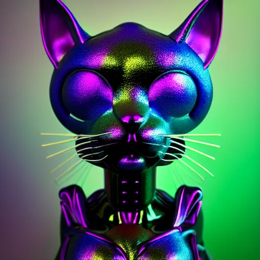 Image similar to giant iridescent mix between a feline and bug android creature in lush jungle, raining, foggy, moody, :: by Jeff Koons, Dan McPharlin Daniel Merrian :: ornate, dynamic, particulate, rich colors, intricate, elegant, highly detailed, centered, artstation, smooth, sharp focus, octane render, 3d