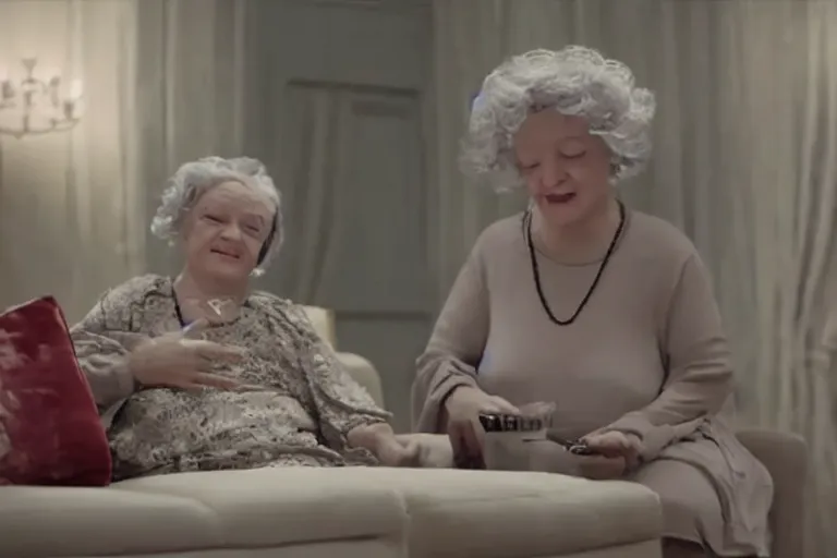 Prompt: VFX movie of happy old women served by humanoid assistant robot in a decadent living room by Emmanuel Lubezki