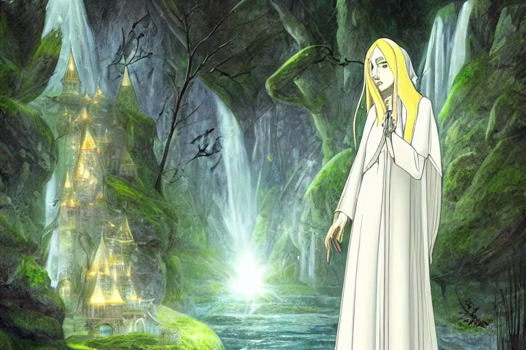 Image similar to tonemapped galadriel by hayao miyazaki, highly detailed,