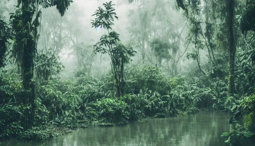 Prompt: a rainy foggy jungle, river with low hanging plants, there is a huge bird, great photography, ambient light