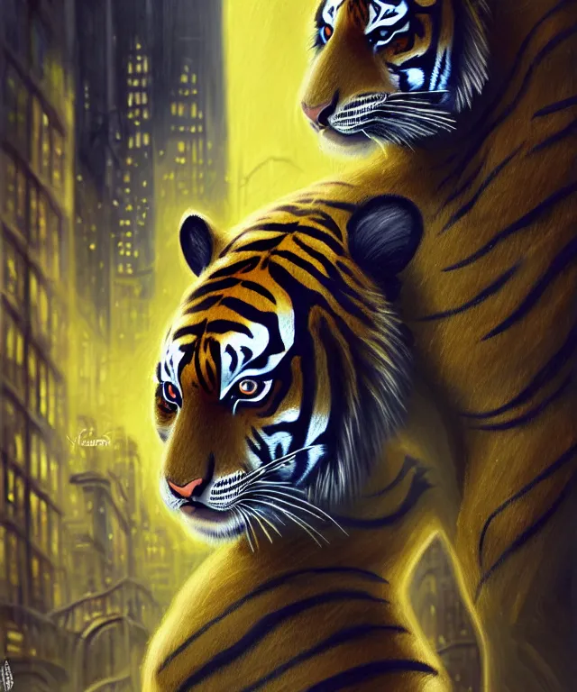 Prompt: anthropomorphic female Tiger, irish origin, sci-fi, bright blue eyes, face, black and yellow hair, fantasy, LSD Dream Emulator, intricate, elegant, new york alleyway, moonlit, highly detailed, digital painting, artstation, concept art, smooth, sharp focus, illustration, art by artgerm and greg rutkowski and alphonse mucha