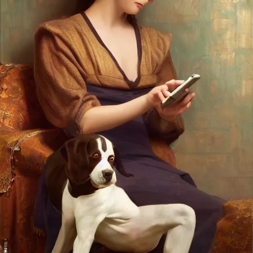 Prompt: a dog watching tiktok on iphone, oil on canvas artstation by J. C. Leyendecker and Edmund Blair Leighton and Charlie Bowater octane render