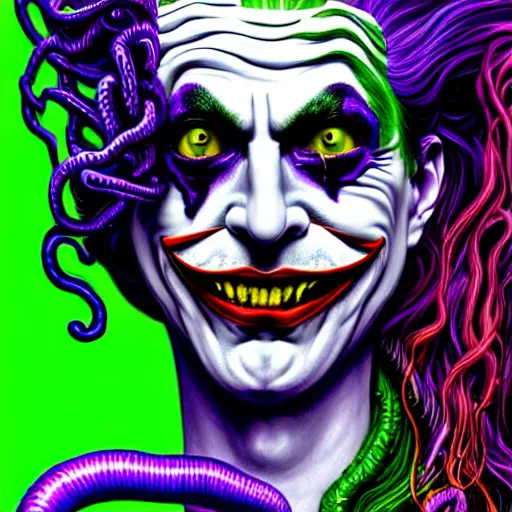 Image similar to an extremely psychedelic portrait of medusa as the joker, surreal, lsd, face, detailed, intricate, elegant, lithe, highly detailed, digital painting, artstation, concept art, smooth, sharp focus, illustration
