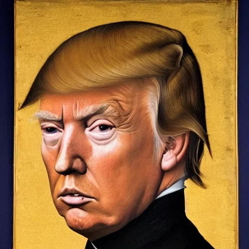 Image similar to a portrait of Donald Trump, facing front, by Rogier van der Weyden, oil painting, anatomically correct, beautiful perfect face, sharp focus, Highly Detailed, Cinematic Lighting, 8k, HD