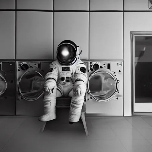 Image similar to a beautiful photo of an astronaut waiting in a laundromat, 1970', soft light, morning light, photorealistic, realistic, octane, 8k, cinematic shot