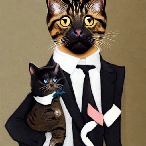 Image similar to cute kittycat man man wearing a cat costume wearing a tuxedo ripped physique greg rutkowski portrait