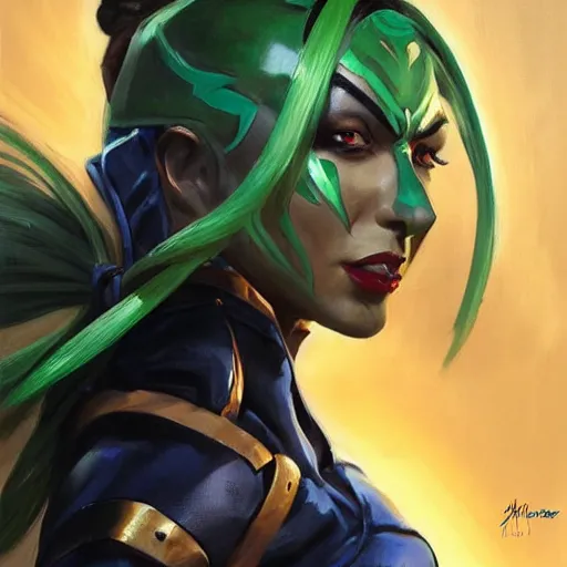 Image similar to greg manchess portrait painting of jade from mortal kombat as overwatch character, medium shot, asymmetrical, profile picture, organic painting, sunny day, matte painting, bold shapes, hard edges, street art, trending on artstation, by huang guangjian and gil elvgren and sachin teng