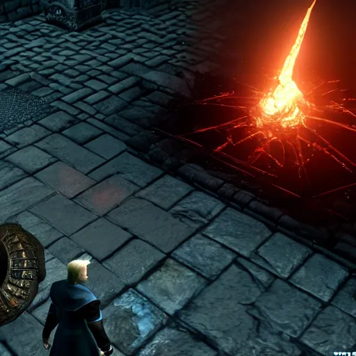 Image similar to donald trump in dark souls, sen's fortress, ps 5 screenshot, isometric view, third person gameplay, 3 d render, cryengine, highly detailed