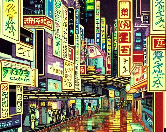 Image similar to cozy soft neon street with in a cyberpunk city on a rainy melancholy tokyo night in 1 9 9 6 by de chirico