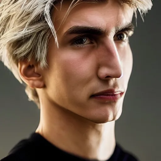 Image similar to a closeup shot of handsome xqc, gigachad, strong jawline, photorealism, 8k